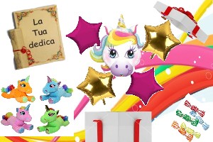 5 PALLONI + PELUCHE UNICORNO